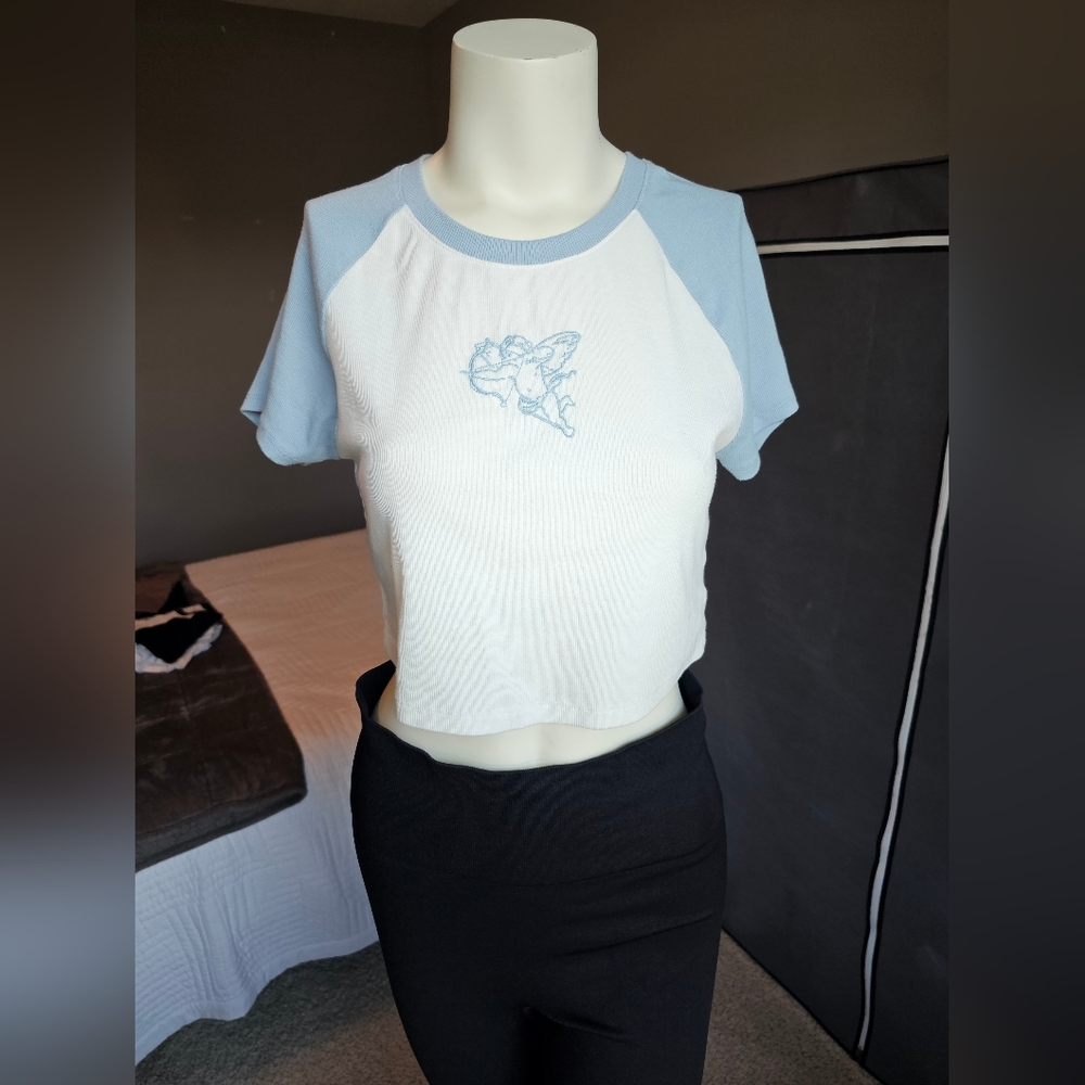 Juniors Blue and White Angel Top Cropped
